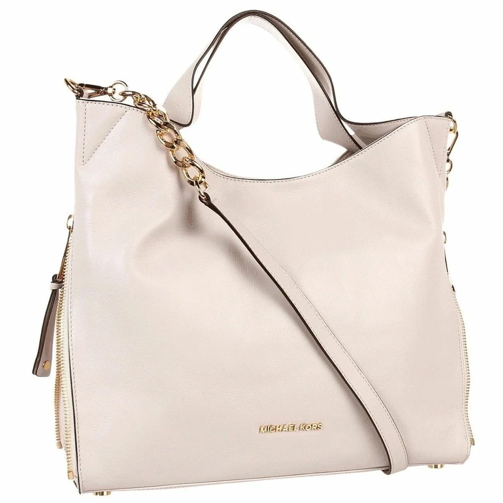 MICHAEL KORS DEVON CREAM IVORY LEATHER GOLD CHAIN LARGE SHOULDER TOTE BAG